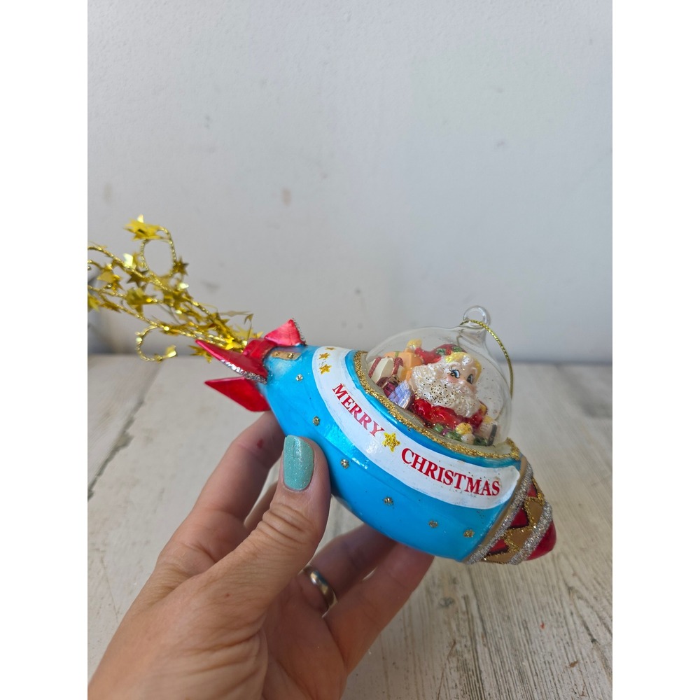 Vintage regency Santa rocket ship ornament gold glitter spaceship space Xmas